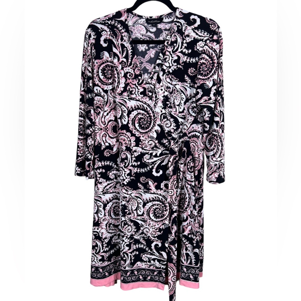 Indication Paisley,Long Sleeve V Neck, Midi ,Pink/Black Soft Dress Size XL